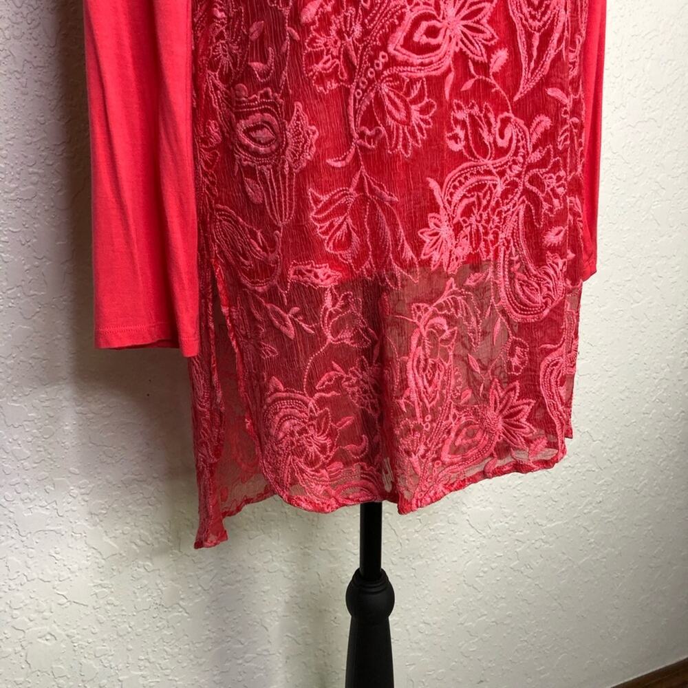 Soft Surroundings bright pink sheer embroidered floral overlay tunic top Medium - Picture 3 of 15